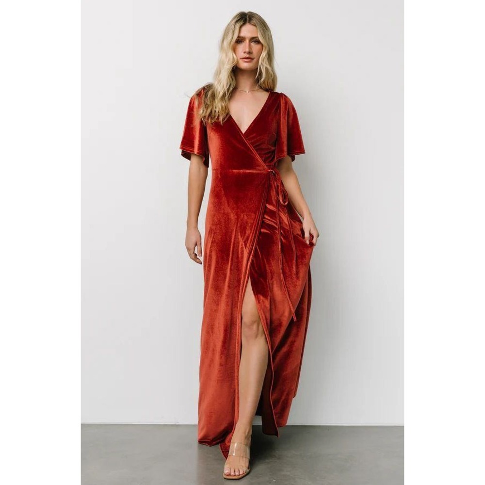Baltic Born Meghan Velvet Wrap Maxi Dresss Womens L Flutter‎ Sleeve Terracotta